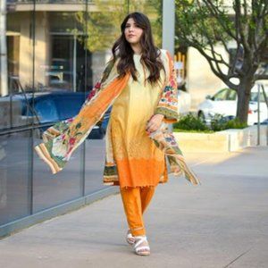 3-Pc Chikankari Beige-Yellow-Orange Gradient